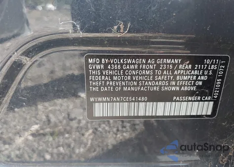 2012 Volkswagen Cc Sport from USA, damaged, VIN WVWMN7AN7CE541480